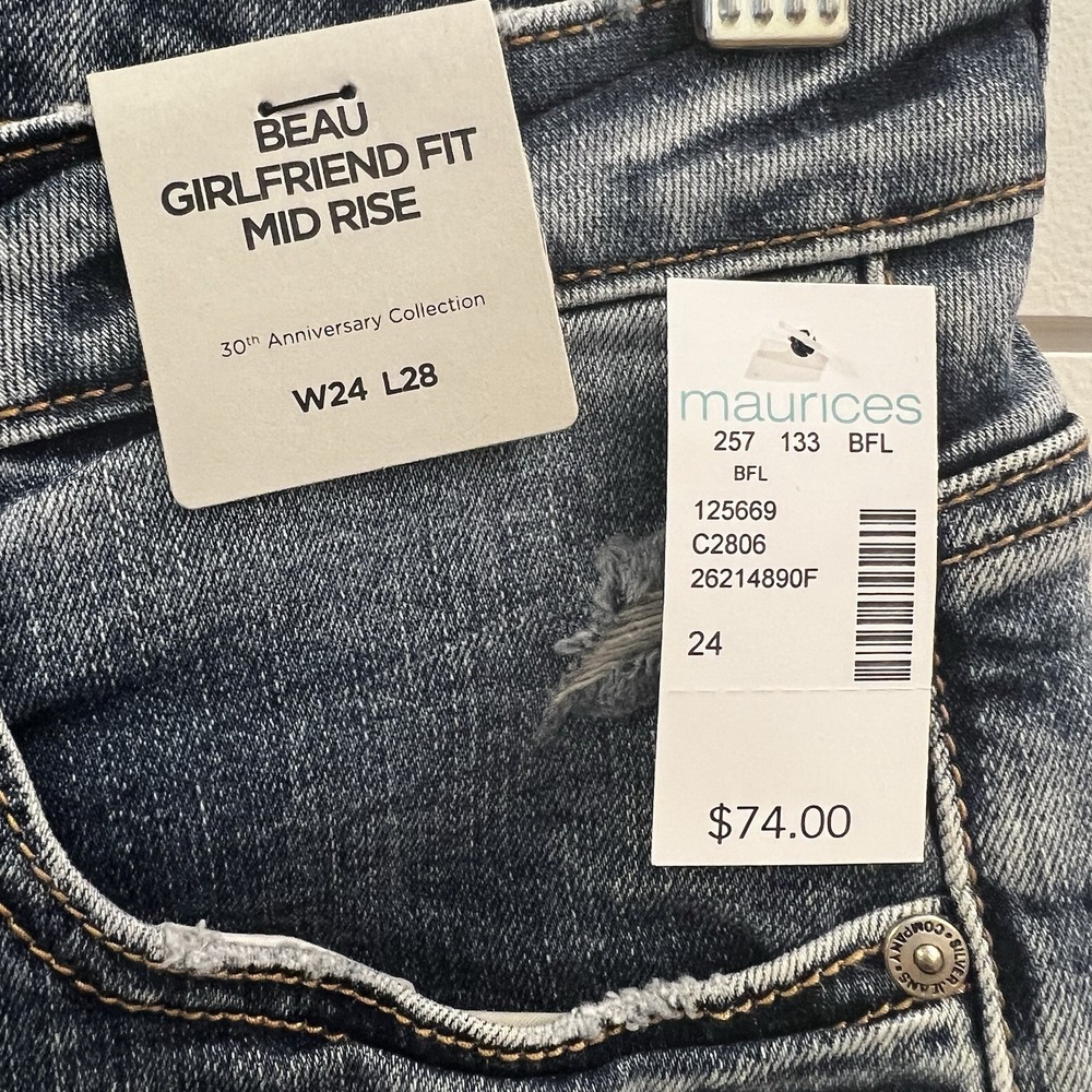Silver‎ Jeans Womens 24x28Indigo Beau Girlfriend Fit Mid Rise Distressed Eco - Picture 3 of 9